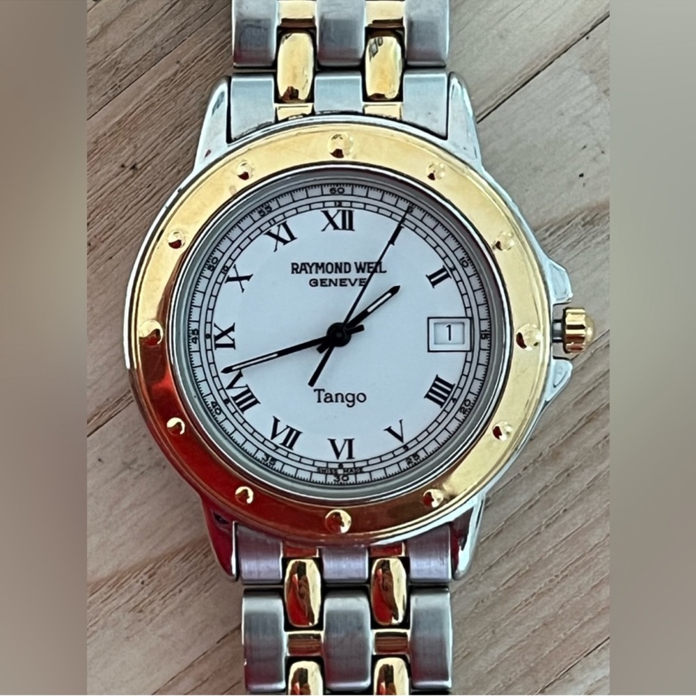 Raymond Weil Geneve Men's Watch Rare Tango Model Two-Tone Bracelet White Dial